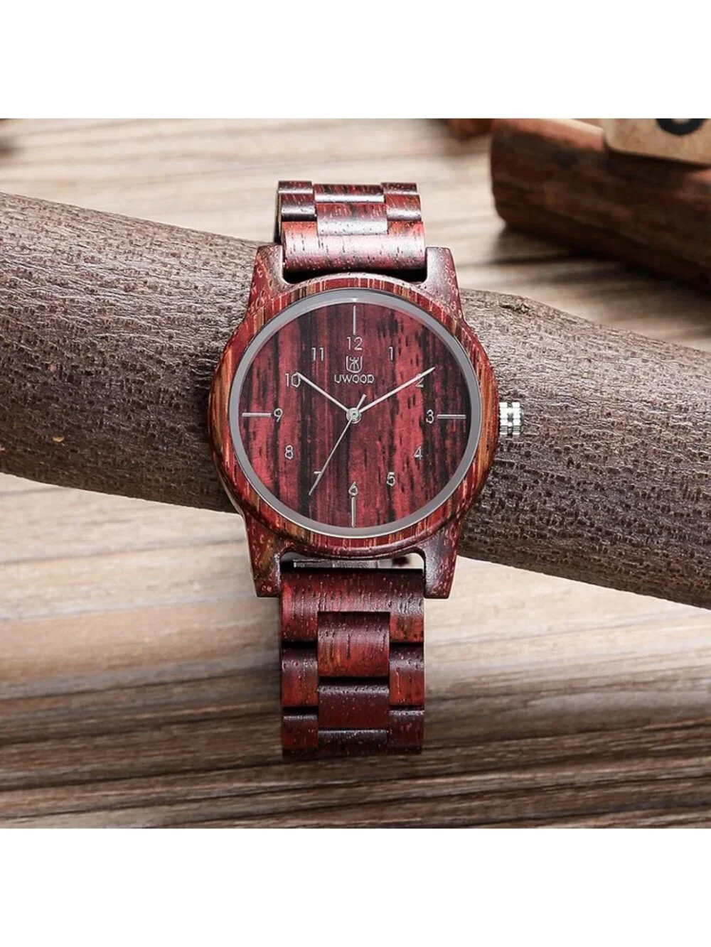 Men's Red Analog Unisex Natural Handmade Adjustable Waterproof Wooden Watch